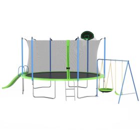 12FT Trampoline With Slide And Swings, ASTM Approved Large Recreational Trampoline With Basketball Hoop And Ladder,Outdoor Backyard Trampoline With Ne (Color: Green)