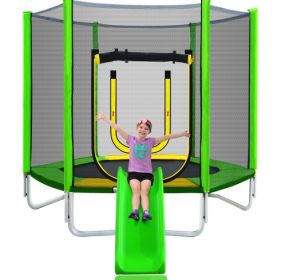 7FT Trampoline For Kids With Safety Enclosure Net, Slide And Ladder, Easy Assembly Round Outdoor Recreational Trampoline (Color: Green)