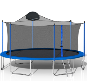 14FT Trampoline For Adults Kids With Basketball Hoop, Outdoor Trampolines W  Ladder And Safety Enclosure Net For Kids And Adults,Double-side Colo (Option: Blue2)